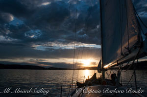 Sunset sailing through Harney Passage, between Orcas and Shaw islands
