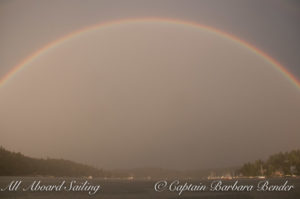 Sailing through rainbow over Friday Harbor