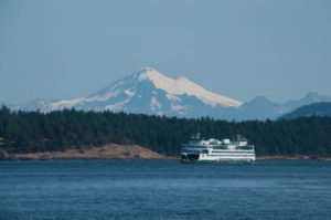 WA state ferry with Mount Baker
